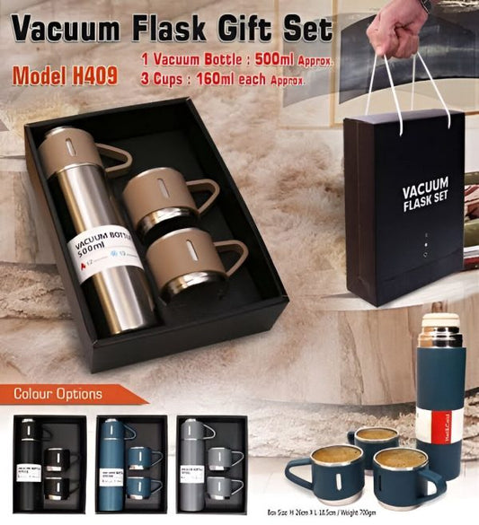 Stainless Steel Vacuum Flask Set – 500ml With 3 Cups (gift Box ) (Random Color)